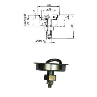 Canaleta de amarre redonda con tornillo y anillo Ø 86 mm, profundidad de montaje 21 mm, 2000 daN